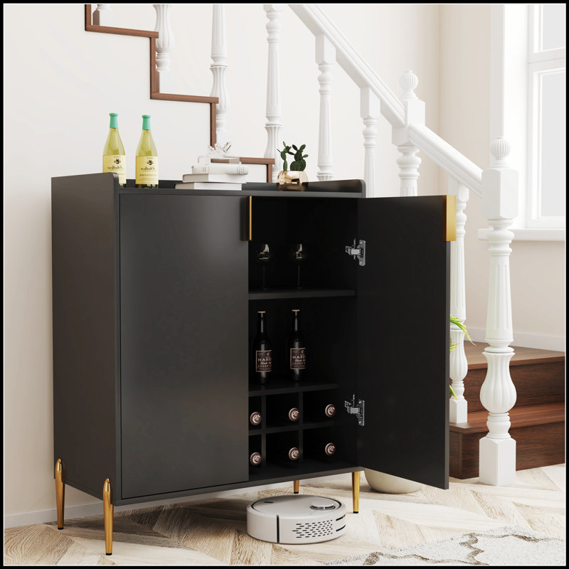 Modern 2-Door Wine Bar Cabinet With Wine Rack, Adjustable Shelf, And Soft-Closing Hinges For Dinning And Living Rooms, Black
