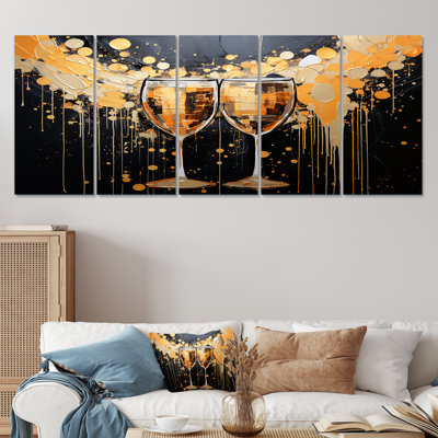 Gold And Black Champagne Essence  Champagne 5 Piece Wall Art