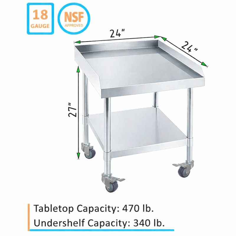 Heavy-Duty Stainless Steel Rolling Work Table, with Wheels and 3-Side Upturn. 24 in. W x 24 in. D, 27" H x 24" L x 24" D
