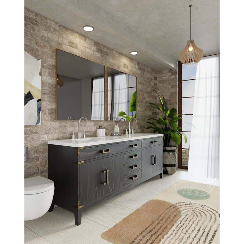 Plateau de meuble-lavabo double l 84 po x P 22 po Laurel, Chêne noir, Quartz blanc