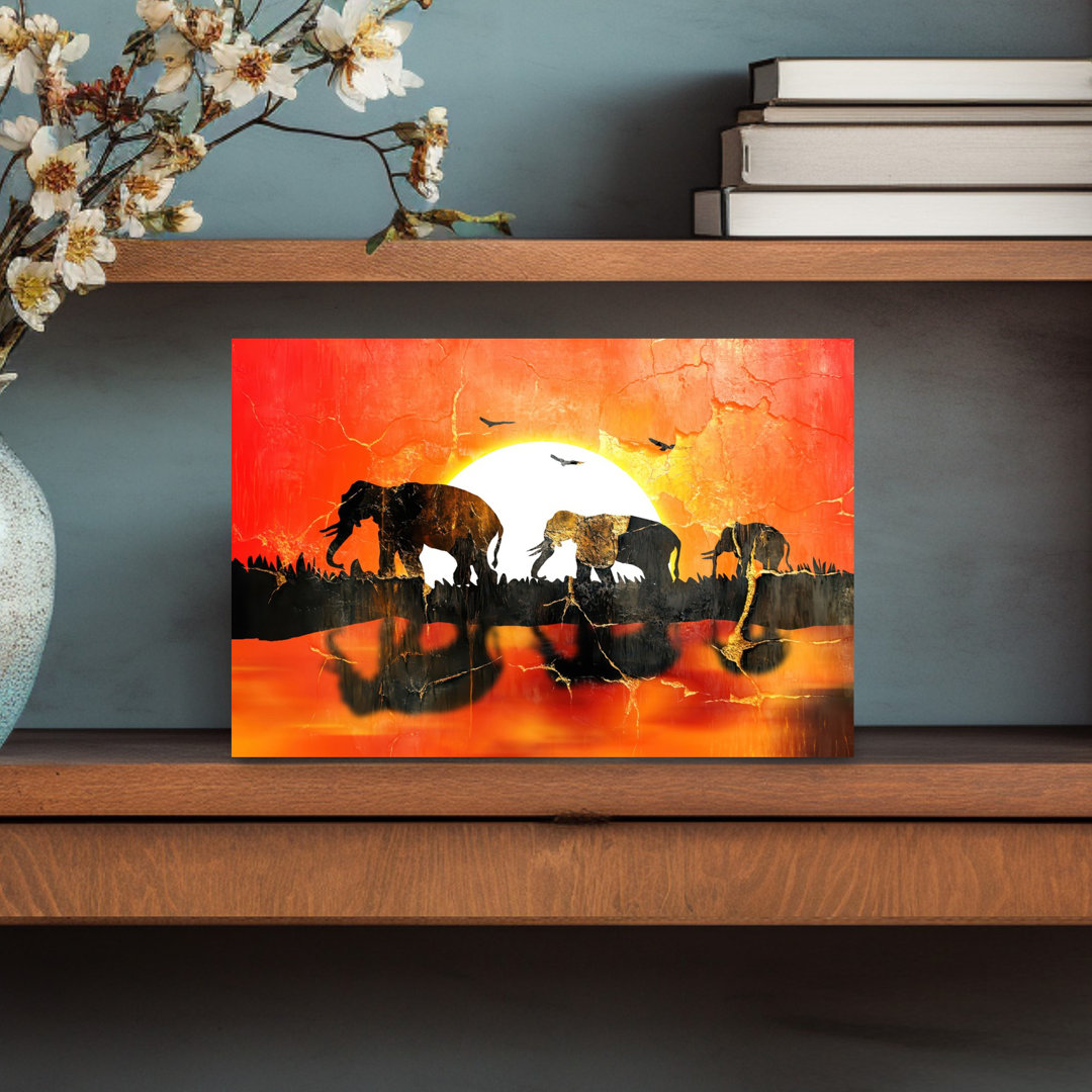 African Sunset Elephants Serene Tranquil Abstract Bird Elephant Landscape Nature Wall Art Print