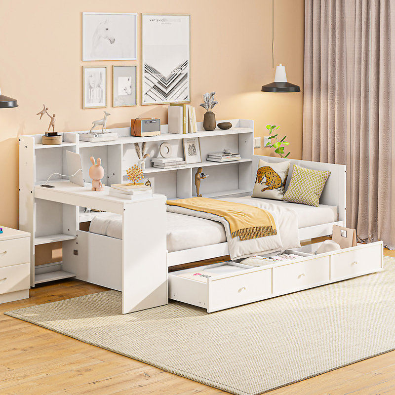 Twin Size Daybed In White With 3 Practical Drawers, Desk And Ports - Pine Construction Large Drawers For Storage A Neat Bedroom