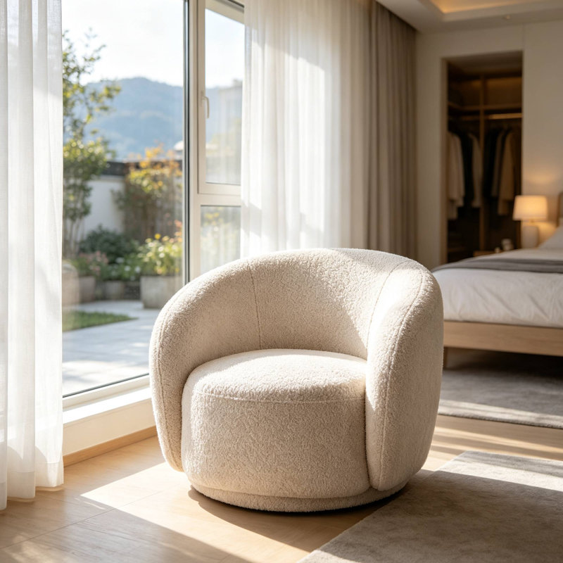 Fauteuil demi-tonneau pivotant avec siège large rembourré 360 ° Boucle, Beige, 1