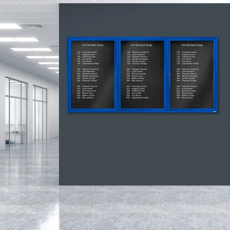 Tableau d'affichage mural fermé pour armoire d'annuaire, Bleu thermolaqué, Trois, H 48 po x l 96 po