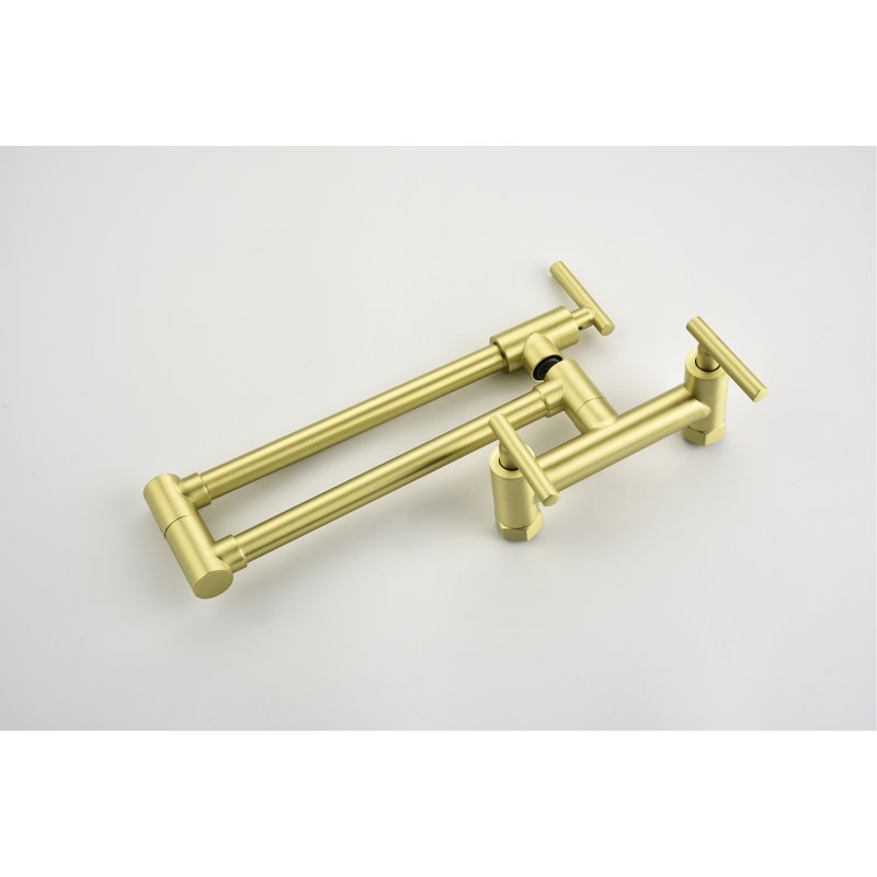 Gold Kitchen Faucet - Brass, Hot Cold Water, 3 Handles, 2 Holes, Wall Mount, Corrosion Layer, Gentle Water Stream Sink Treatment, Splash- Flow