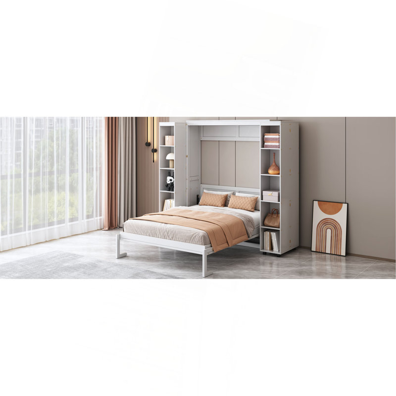 Grand lit escamotable mural avec portes de rangement, Blanc