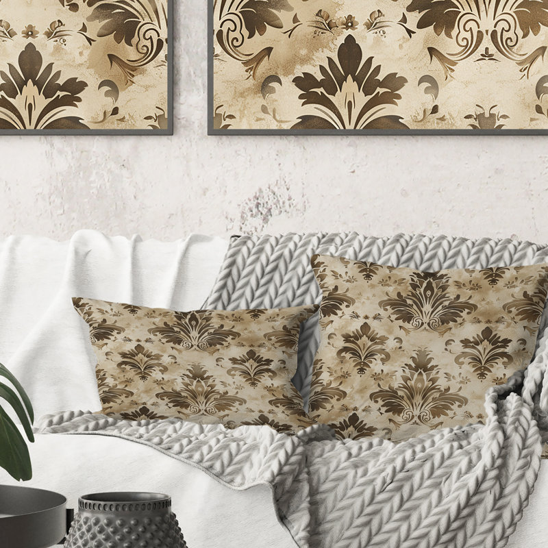 Coussin décoratif brun et beige damassé Glam IV, H 16 po x l 16 po