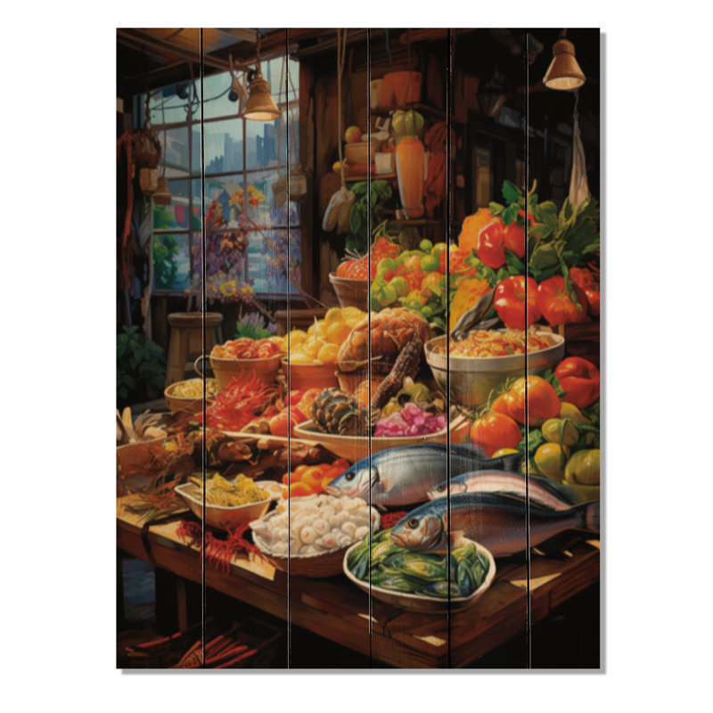 Nourriture, marché de fruits de mer sur impression sur bois, H 20 po x l 10 po x P 0,78 po