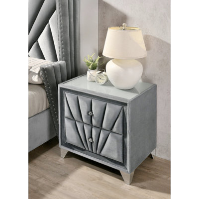 Table de chevet rembourrée en tissu avec 2 tiroirs, gris
