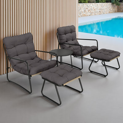Ensemble de conversation pour l'extérieur 5 pièces, ensemble de mobilier de patio en métal avec 2 chaises longues d'extérieur, 2 repose-pieds et table d'appoint, ensemble bistro de patio avec coussin pour balcon, salon, porche, gris foncé