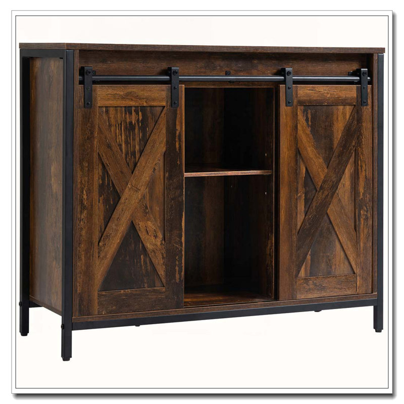 Armoire de cuisine avec portes de grange coulissantes, armoires de rangement et tablettes réglables
