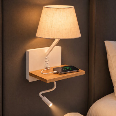 Artin Modern Reading Wall Light With Usb & Usb-c Ports, Adjustable Led Spotlight, Fabric Shade And Wood Shelf