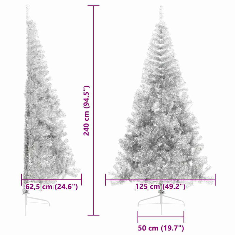 7.87' H Lighted Artificial Christmas Tree, Silver, 240 cm, with 120 White/Grey Balls