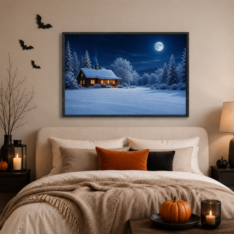 Toile enneigée en bois avec fenêtre chaleureuse sous Halloween, H 24 po x l 36 po