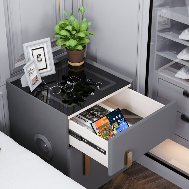 Digiorgio Nightstand With Safe Box And Led Lights And Wireless Charge And Bluetooth Speaker, Gray