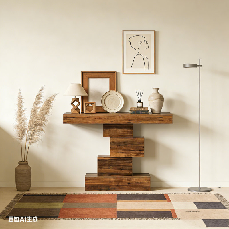 Wood Sofa Table Accent Table with Geometric Base, Rustic Brown
