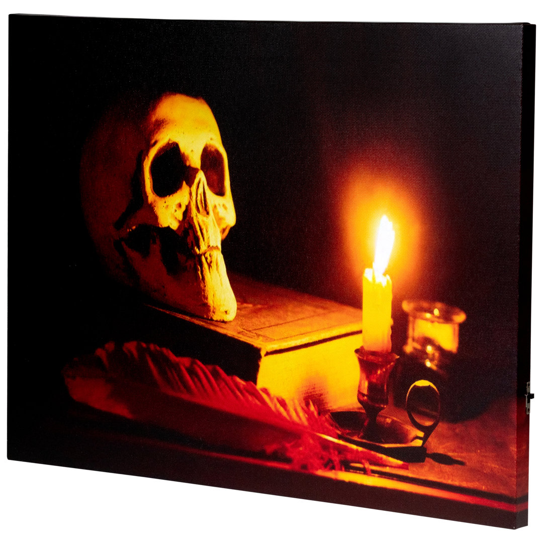 LED Lighted Skull by Flickering Candlelight Halloween Canvas Wall Art 12" x 15.75" Northlight Seasonal