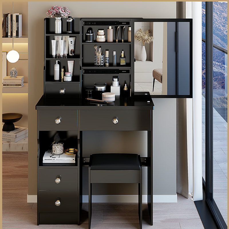 Petit meuble-lavabo de 29,2 po avec tiroir à gauche et tabouret rembourré, très grand miroir coulissant à droite, rangement multi-couches à grande capacité, commode pratique et pratique, convient aux petits espaces
