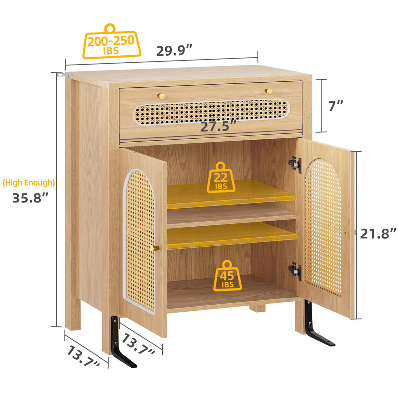 Storage Cabinet with Rattan Doors, Natural Wood