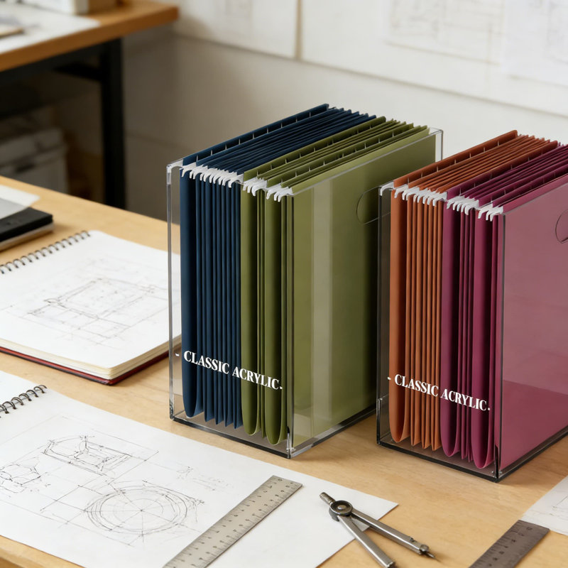 Organisateur de dossiers en acrylique pour bureau - Porte-revues et porte-documents moderne pour le bureau et l'organisation à la maison - Boîte de rangement durable avec poignées