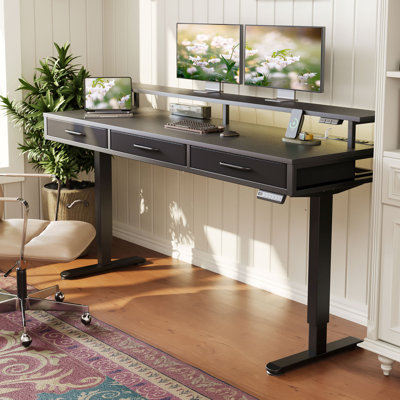 Bureau debout à hauteur réglable de 63 po avec 3 tiroirs, prises de courant et lumières DEL Yaelin