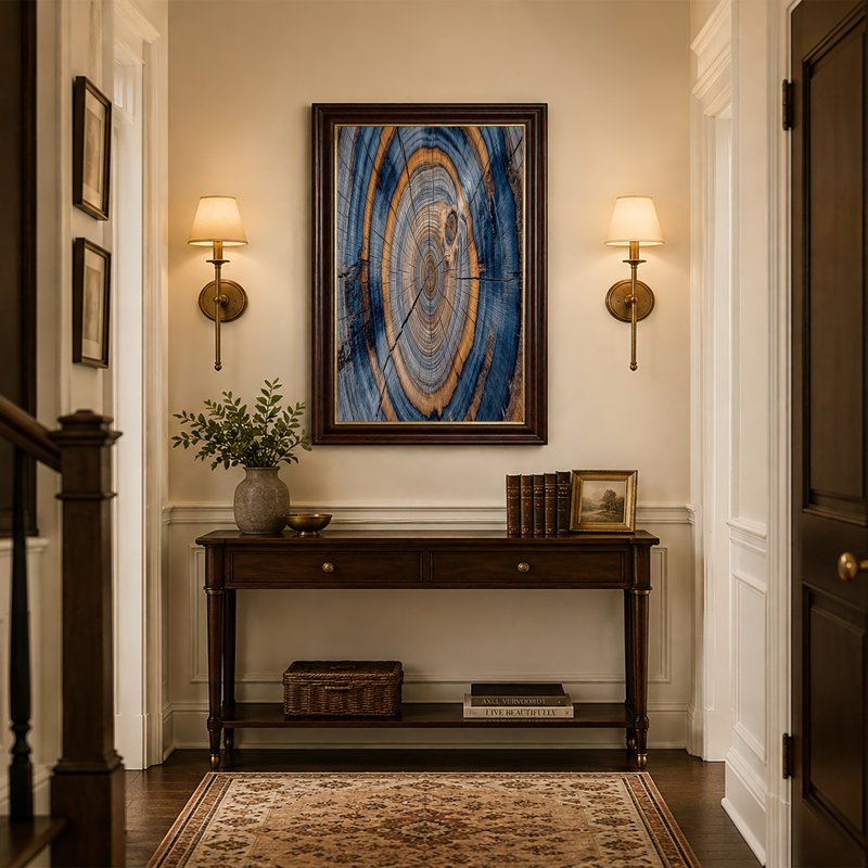 «Blue and Orange Tree Rings Cross Section», art mural, H 12 po x l 18 po