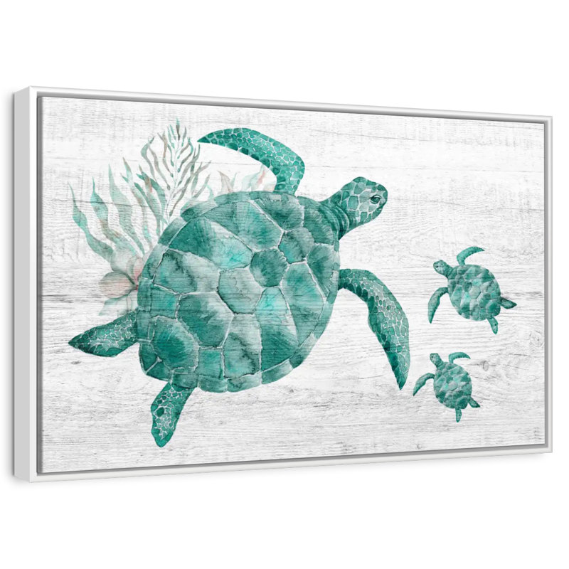 Famille de tortues en bois, Cadre flottant blanc, 19 po x 13 po