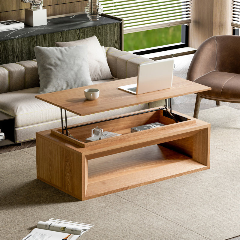 Table basse 43,3 po à plateau relevable moderne en placage de bois massif, Bois naturel