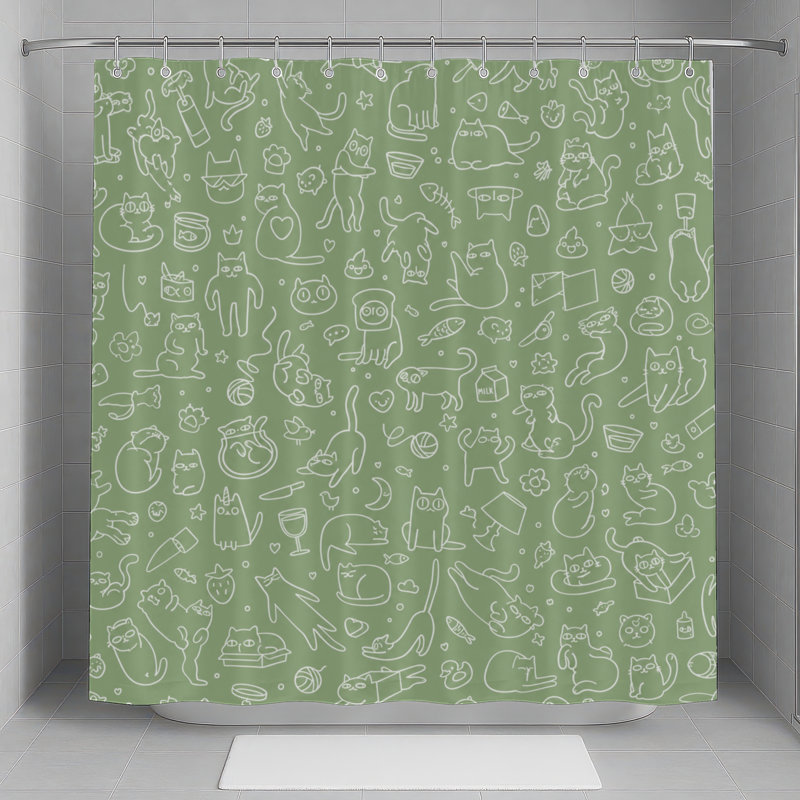 Rideaux de douche illustrés de chats griffonnés, L 70 po x H 72 po, Vert / Blanc