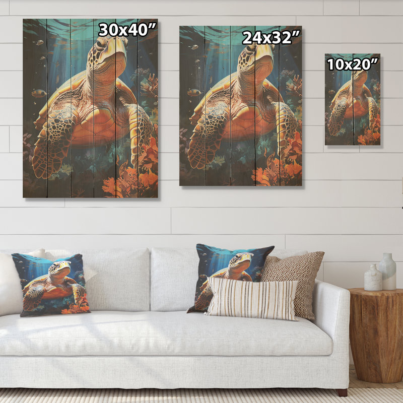 Fantasy Reef - Tortue, art mural sur bois de pin naturel, H 32 po x l 24 po