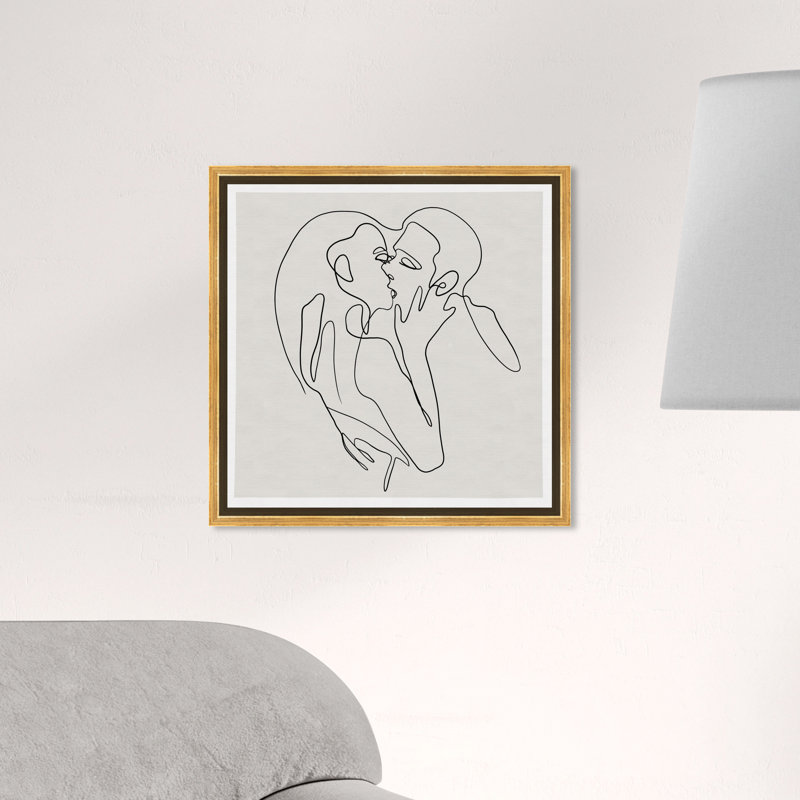People and Portraits Contour Kiss Couples - Peinture sur toile, H 30 po x l 30 po, Cadre flottant doré