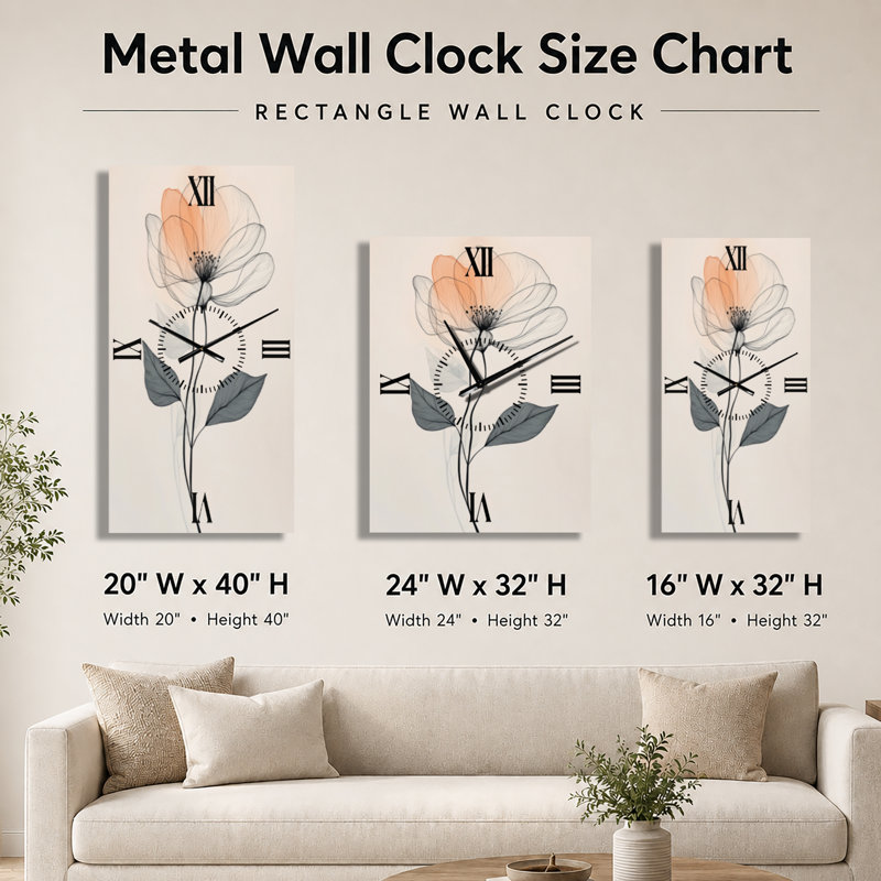 Fleur dessinée dans le silence II - Grande horloge murale scandinave en métal, H 32 po x l 24 po - Rectangle