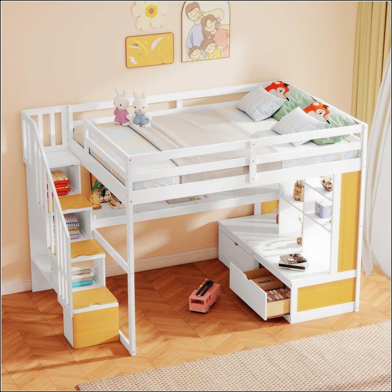 Lit mezzanine double avec bureau et tablettes, Naturel / blanc