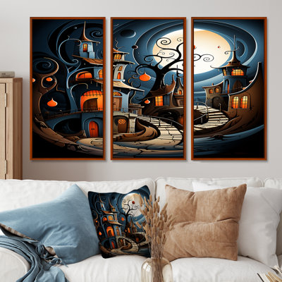 Playful Fantasy Town Magical Full Moon - Landscape Wall Art Living Room Set