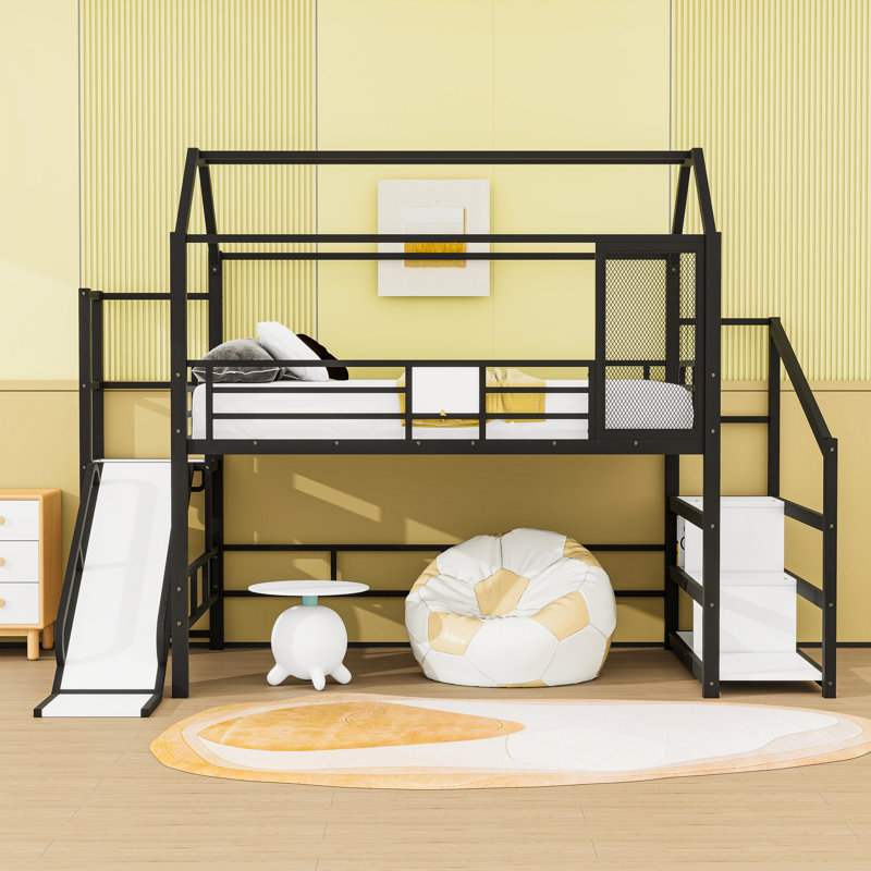 Lit mezzanine en métal avec toit, glissade et tablettes de rangement, Double, Noir