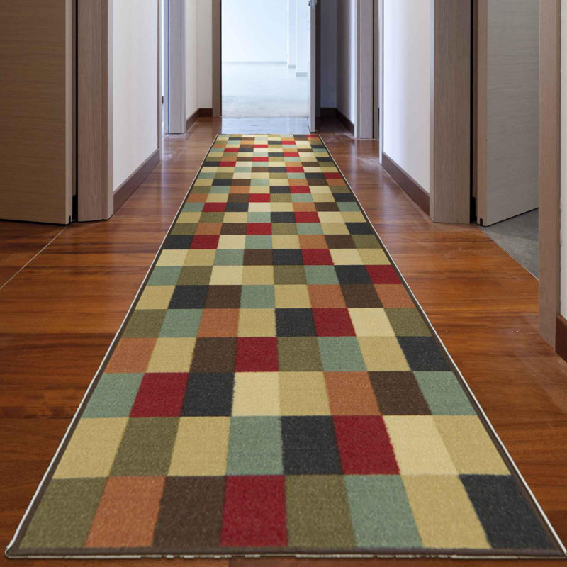 Multicolor Checkered Non-Slip Runner Rug with Rubber Backing