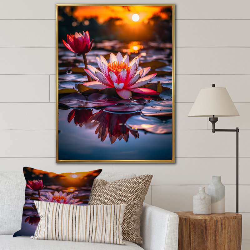 " Lotus Pond At Sunset ", 40" H x 30" W x 1.5" D, Gold Floater Framed