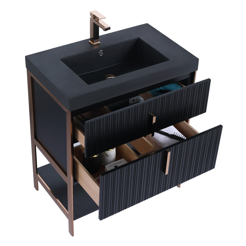  Serenity Modern Bathroom Vanity with Black Gel Acrylic Top, 30", Black Matte/Rose Gold, Black