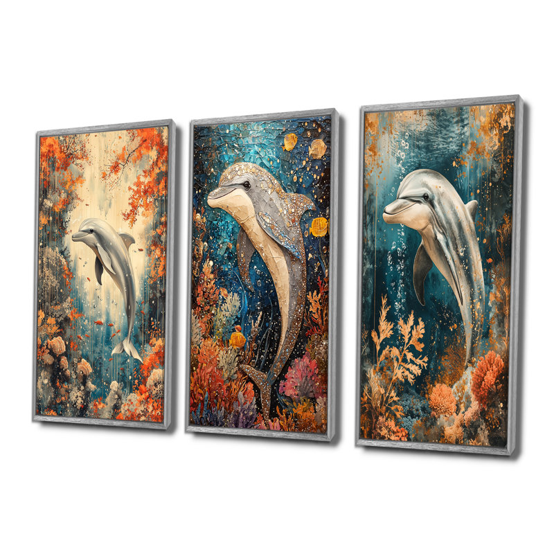 Danse du dauphin au-dessus d'un corail I - Collection de décorations murales modernes, H 40 po x l 60 po, Argent argent