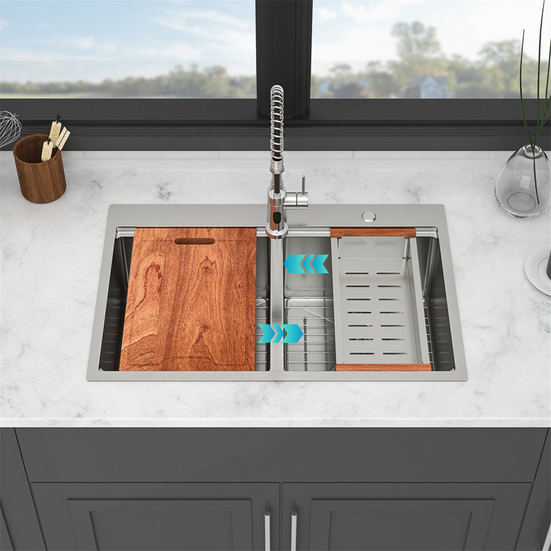 Évier de cuisine à double cuve Topmount avec rebords de poste de travail, acier inoxydable de calibre 16, cuves profondes pour une multi-tâche efficace.