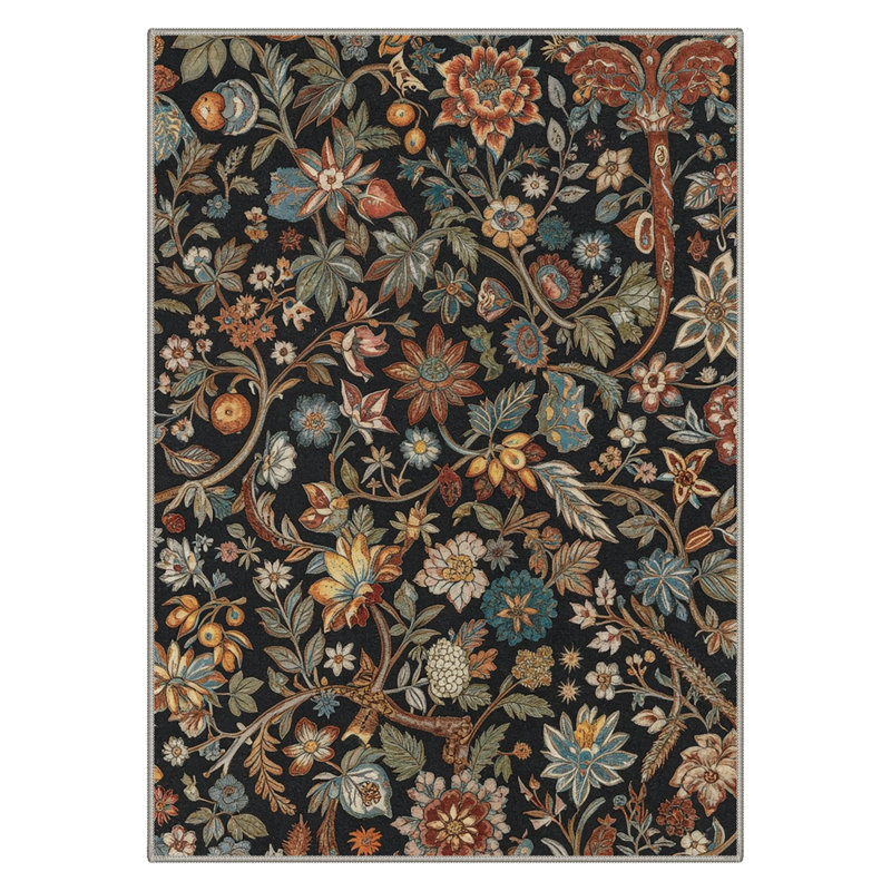 Aazad Floral Machine Washable Black / Green Indoor Area Rug with Non-Slip Backing, Rectangle 9' x 12'