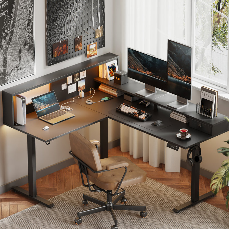 Prise électrique pour bureau debout en forme de L et lumières DEL, bureau d'ordinateur réglable, Noir / Noir