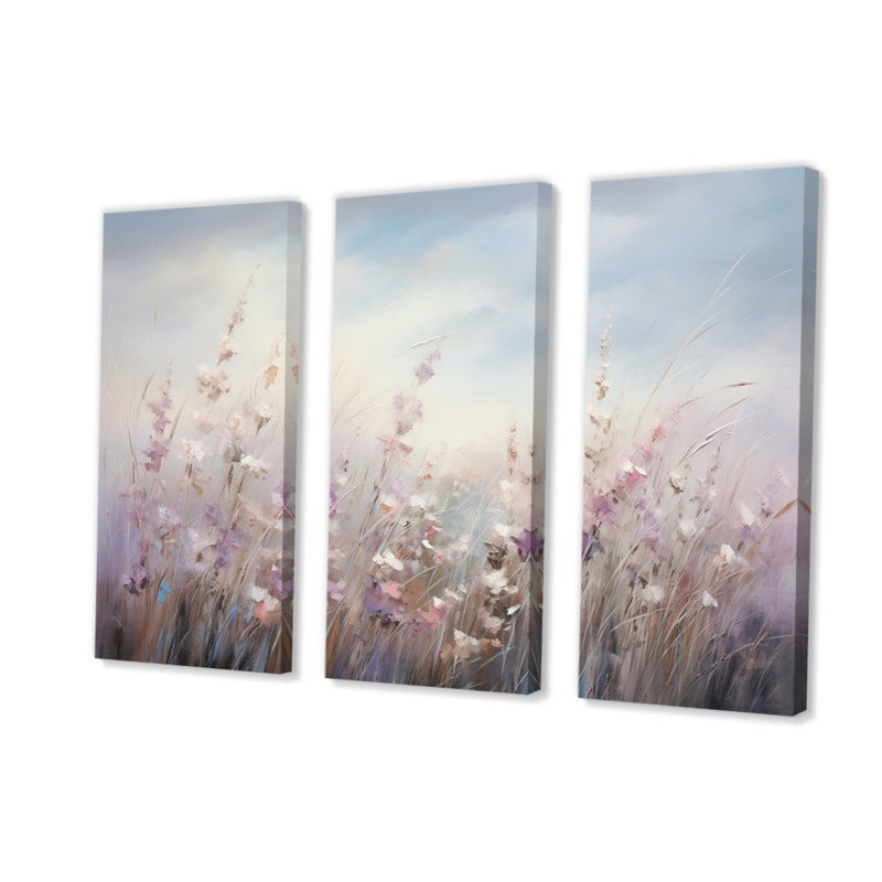 Fleurs mauves mauves murmurant la brise II sur toile, 3 pièces, H 40 po x l 60 po x P 1 po