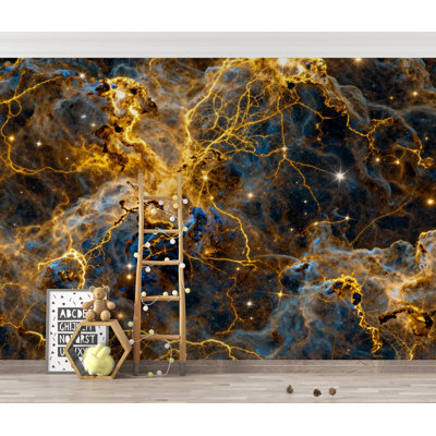 Papier peint abstrait nébuleuse cosmique, galaxie murale or liquide, décor d'espace luxueux, peler et coller céleste
