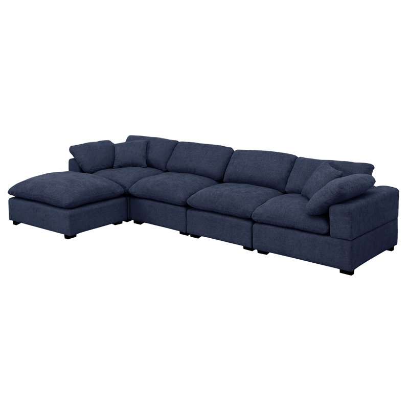 Caylob 5 - Piece Upholstered Chenille Sofa & Chaise Couch With Reversible Ottoman, Navy Chenille