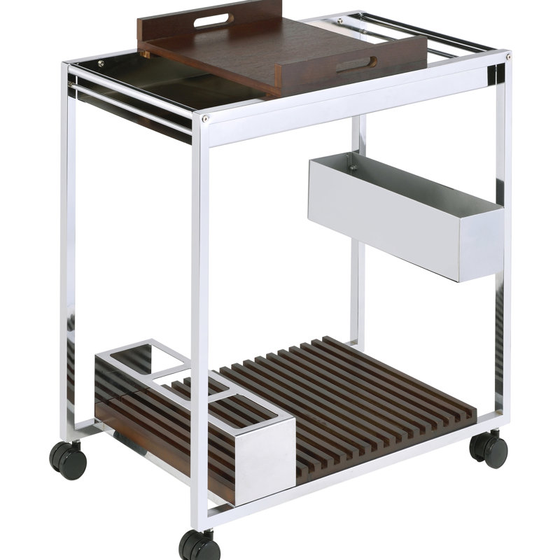 -Brown Drink Serving Cart - 2 Open Compartments For Beverages, Removable Wooden Tray, Wine Bottle Rack, Stemware Shelf In And Brown Style Arranging Kitchenware, Tableware Beverageware, Detachable