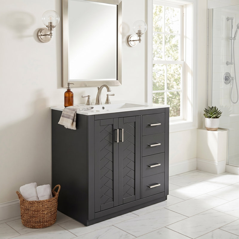 Meuble-lavabo de salle de bain autoportant en bois massif de 30 po avec plateau à 2 tiroirs et portes à fermeture en douceur intégré noir