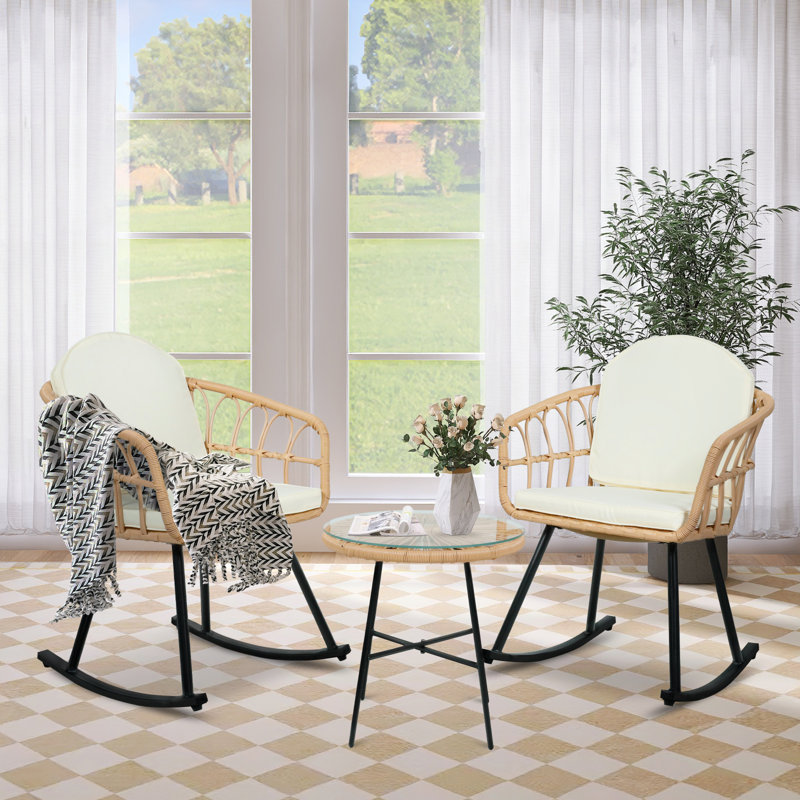 Postfield 3 Piece Outdoor Wicker Rocking Bistro Set with Tempered Glass Coffee Table and Cushions for Balcony Patio Porch