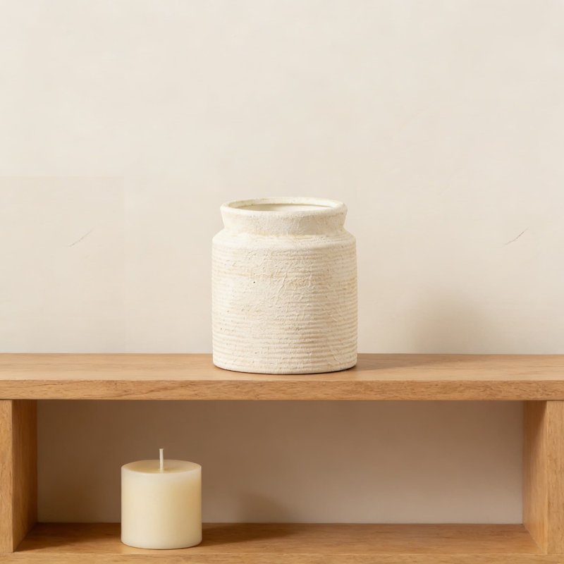 Handcrafted Ceramic Farmhouse Vase, Rustic Ribbed Pottery Vase For Home Decor, Small Table Centerpiece For Living Room, Fireplace, Bathroom, Or Wedding