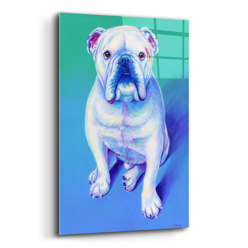 «White English Bulldog» par Rebecca Wang, art mural en verre acrylique, H 24 po x l 16 po x P 0,2 po